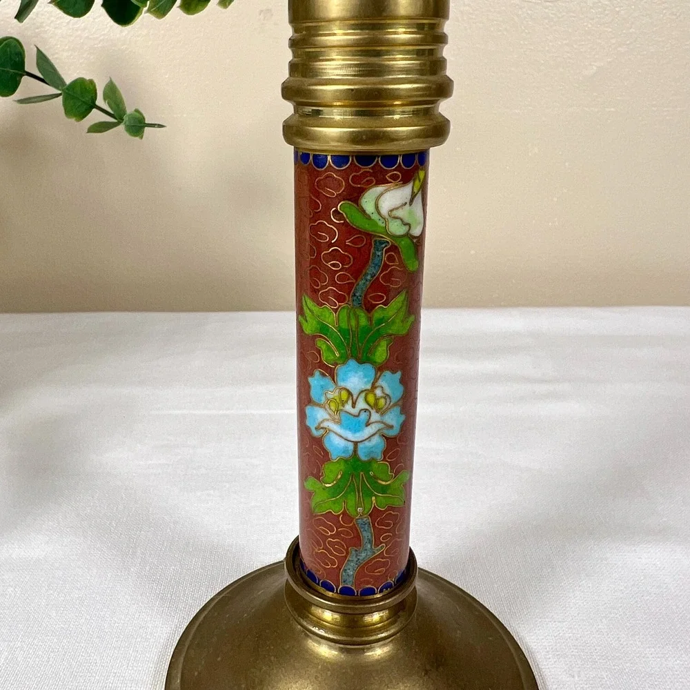 Vintage Oriental Cloisonné Floral and Bird Brass Candlestick Holder